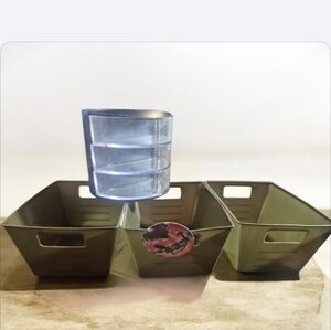 Set of 3 Small Olive Green Storage Bins and Clear Organizer